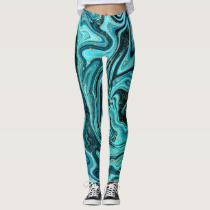 Teal Blue & Gold Chic Swirl Modern Abstract Leggings