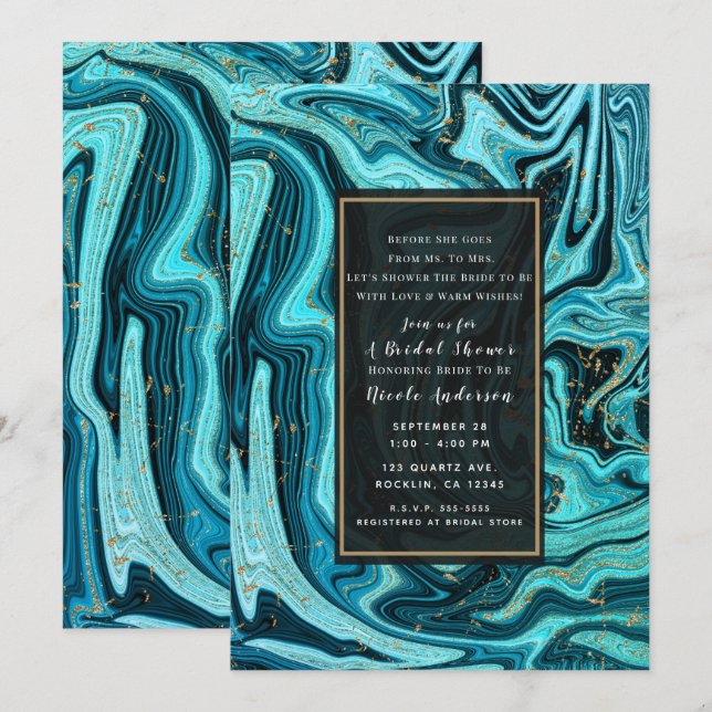 Teal Blue & Gold Chic Swirl Modern Bridal Shower Invitation (Front/Back)
