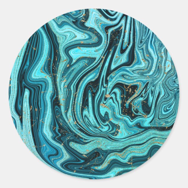 Teal Blue & Gold Chic Swirl Modern Wedding Classic Round Sticker (Front)