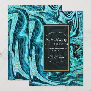 Teal Blue & Gold Chic Swirl Modern Wedding Invitation