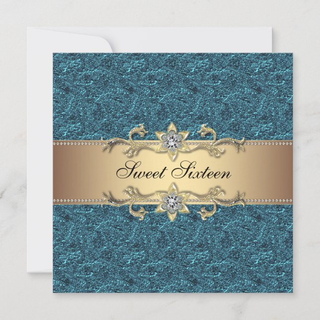 Teal Blue Gold Classy Jewel Sweet Sixteen Party Invitation (Front)