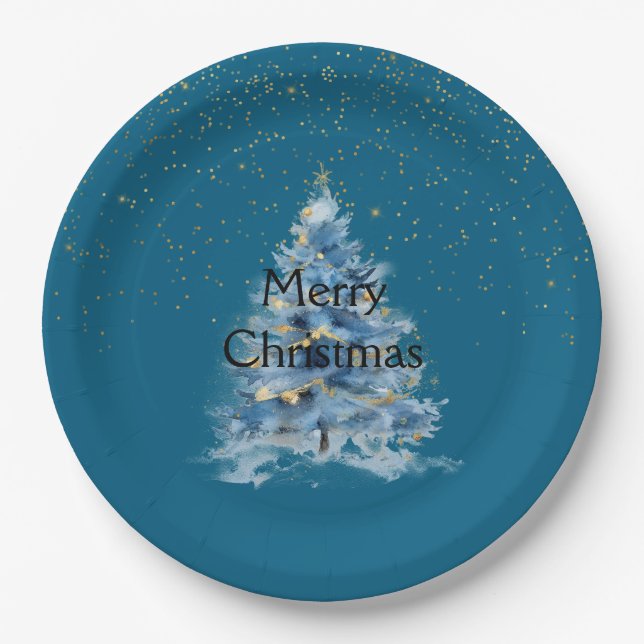 Teal Blue Gold Confetti Dots Christmas Tree Paper Plate (Front)