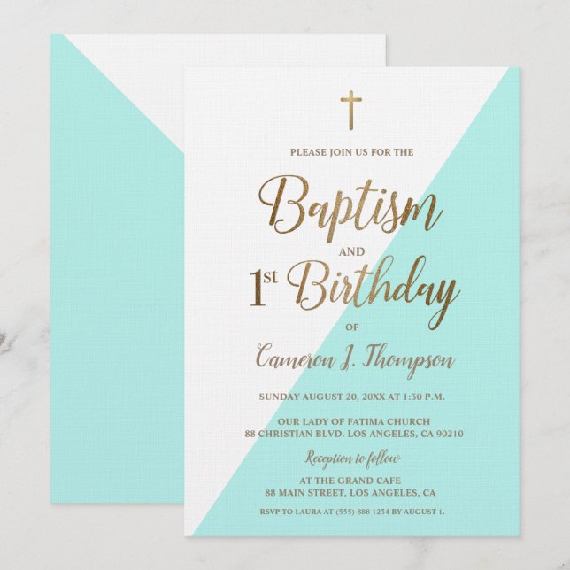 Teal Blue Gold Cross Baptism 1st Birthday Invitation (Front/Back)