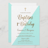 Teal Blue Gold Cross Baptism 1st Birthday
