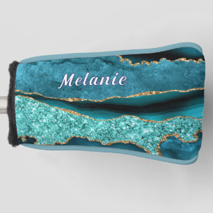 Teal Blue Gold Custom Name Golf Head Cover Gift
