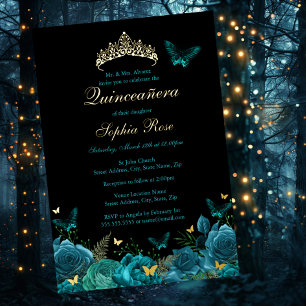 Teal Blue Gold Floral Butterfly Tiara Quinceanera