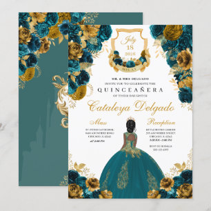 Teal Blue & Gold Floral Elegant Quinceañera Invitation