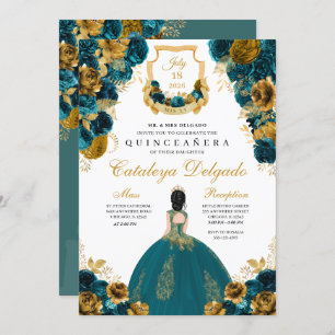 Teal Blue & Gold Floral Elegant Quinceañera Invitation