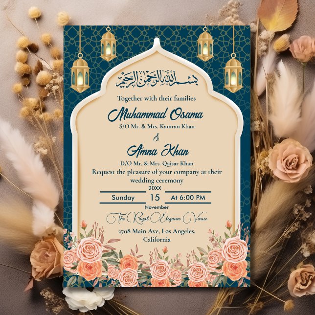 Teal Blue Gold Floral Islamic Muslim Wedding Invitation (Creator Uploaded)