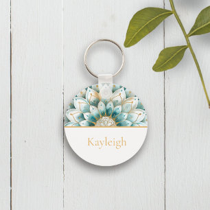 Teal Blue Gold Floral Mandala Personalised Key Ring