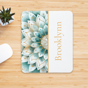 Teal Blue Gold Floral Mandala Personalised Mouse Mat