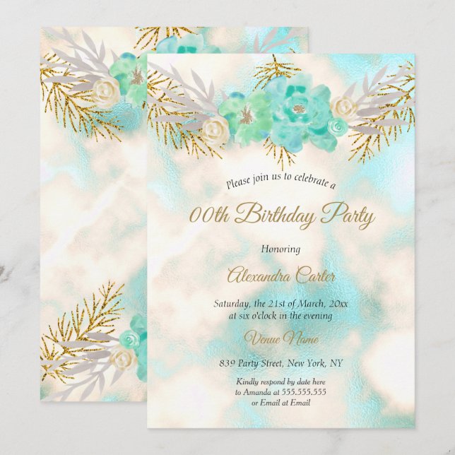 Teal Blue Gold Floral Watercolor Birthday Party Invitation (Front/Back)