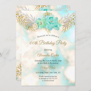 Teal Blue Gold Floral Watercolor Birthday Party Invitation
