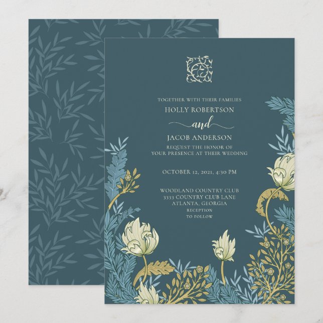Teal Blue Gold Floral Wedding Invitation (Front/Back)
