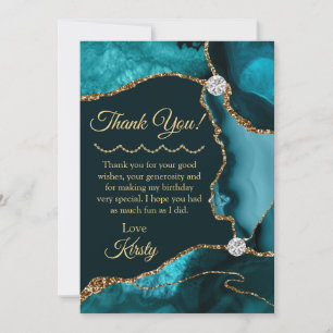 Teal Blue Gold Glitter Agate Birthday Thank You