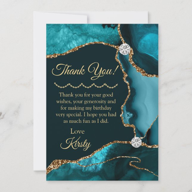 Teal Blue Gold Glitter Agate Birthday Thank You (Front)