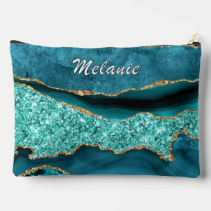 Teal Blue Gold Glitter Aqua Turquoise Custom Name Accessory Pouch