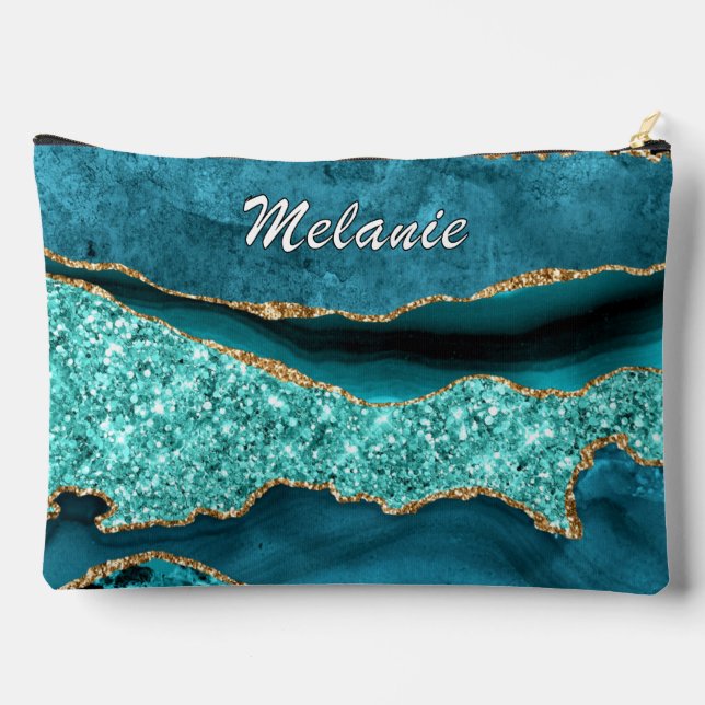 Teal Blue Gold Glitter Aqua Turquoise Custom Name Accessory Pouch (Back)