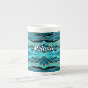 Teal Blue Gold Glitter Aqua Turquoise Custom Name Bone China Mug