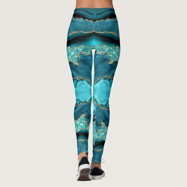 Teal Blue Gold Glitter Aqua Turquoise Leggings (Back)