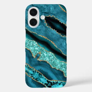 Teal Blue Gold Glitter Aqua Turquoise Marble iPhone 16 Case