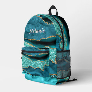 Teal Blue Gold Glitter Backpack with Custom Name