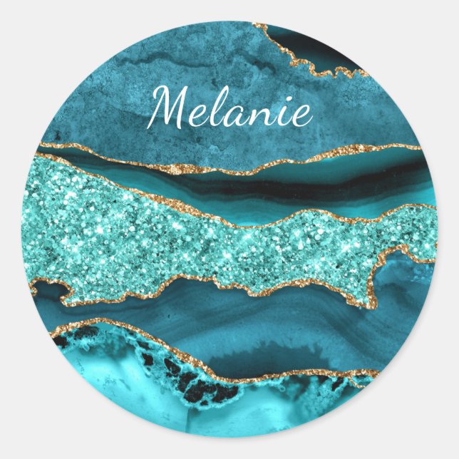 Teal Blue Gold Glitter Custom Name Gift Sticker (Front)