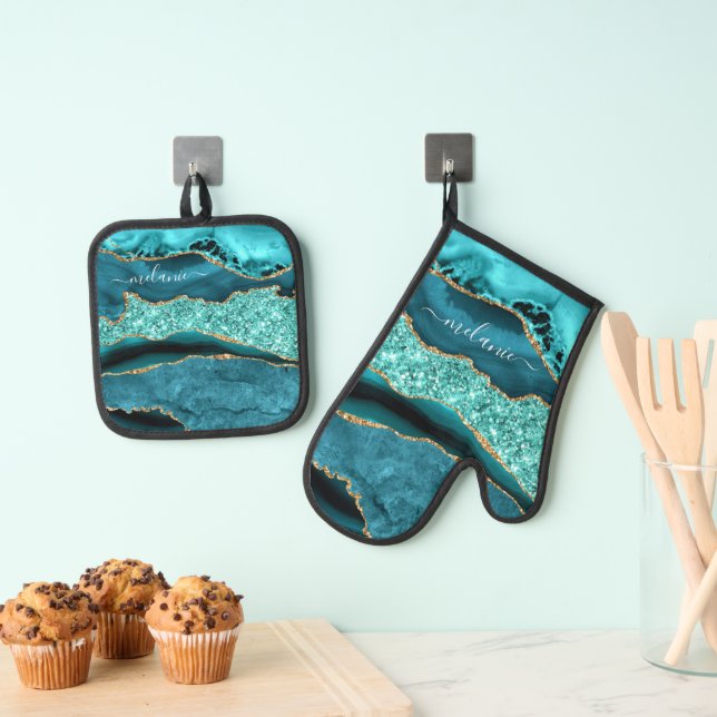 Teal Blue Gold Glitter Custom Name Personalised Oven Mitt & Pot Holder Set (Insitu(Hanging))