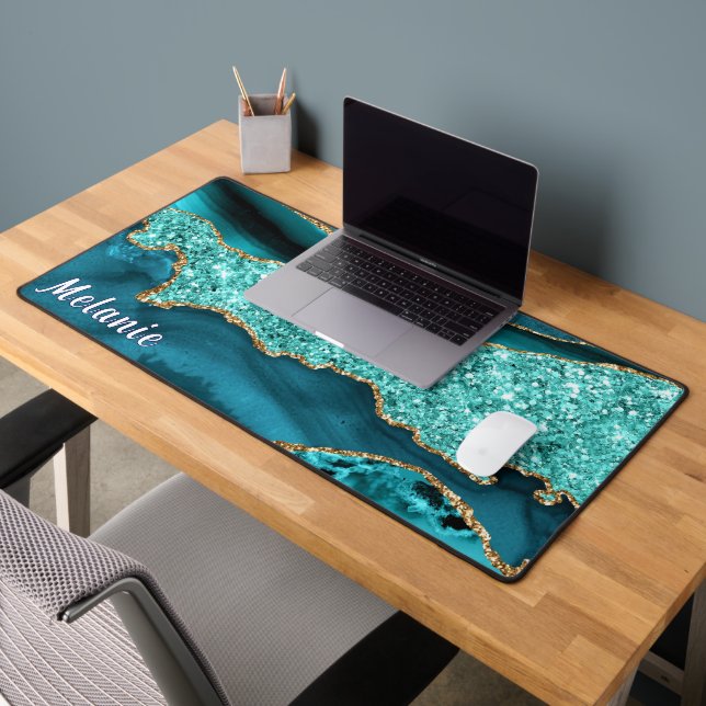 Teal Blue Gold Glitter Desk Mat with Custom Name (Office 2)