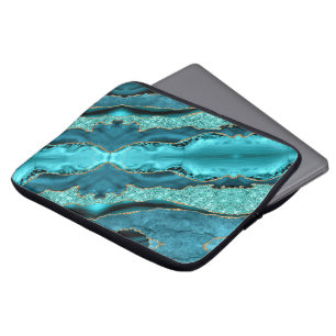 Teal Blue Gold Glitter Marble Aqua Laptop Sleeve