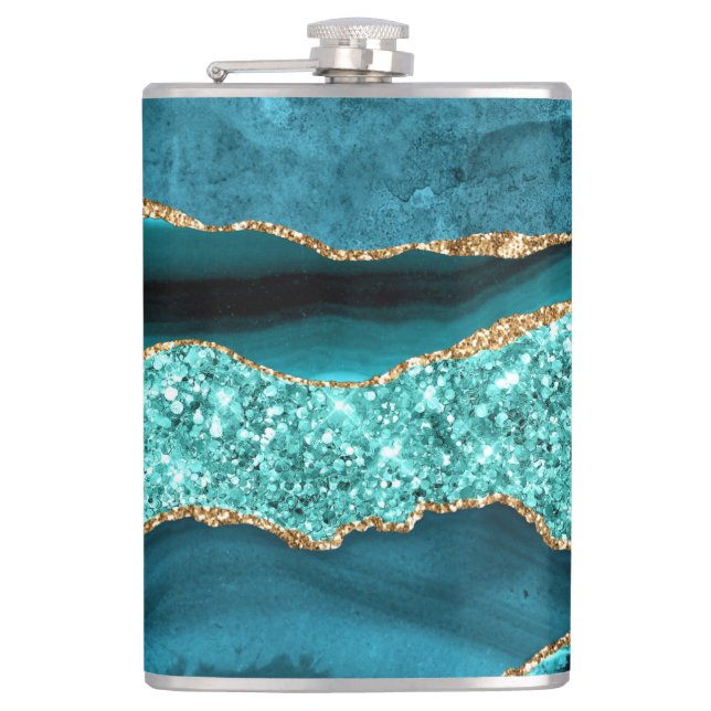 Teal Blue Gold Glitter Marble Aqua Turquoise Flask (Front)