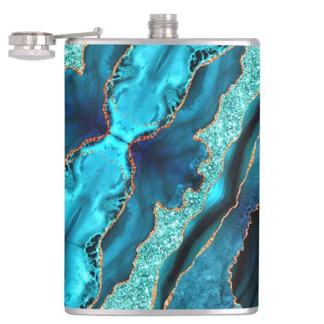 Teal Blue Gold Glitter Marble Aqua Turquoise Flask (Opened)