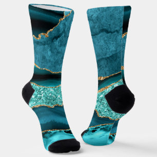 Teal Blue Gold Glitter Marble Aqua Turquoise Socks