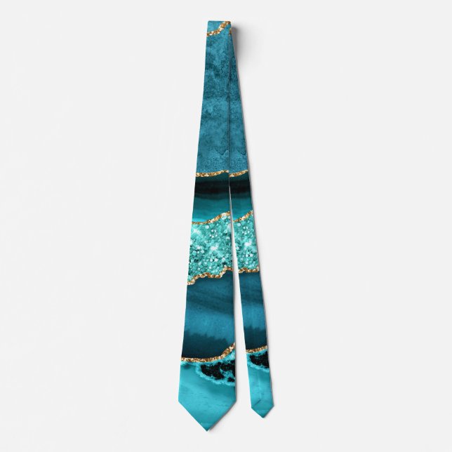 Teal Blue Gold Glitter Marble Aqua Turquoise Tie (Front)