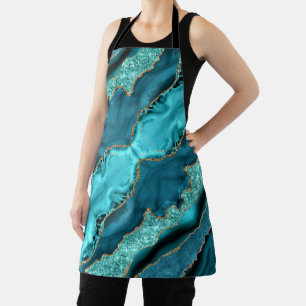 Teal Blue Gold Glitter Marble Turquoise Apron