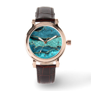Teal Blue Gold Glitter Marble Turquoise Aqua Watch