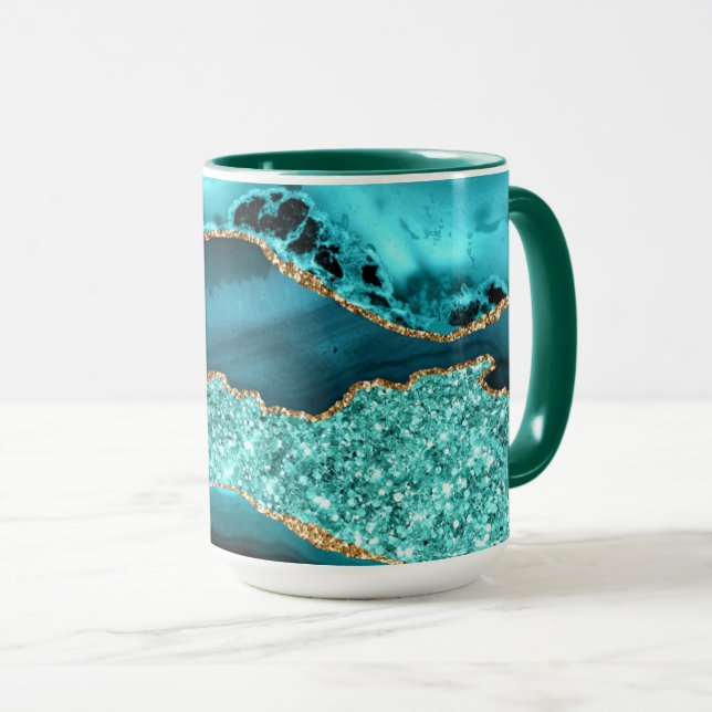 Teal Blue Gold Glitter Marble Turquoise Coffee Mug (Front Right)