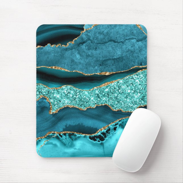 Teal Blue Gold Glitter Marble Turquoise Mouse Pad (With Mouse)