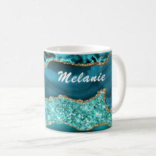 Teal Blue Gold Glitter Marble Your Name Coffee Mug