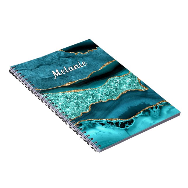 Teal Blue Gold Glitter Notebook with Custom Name (Right Side)