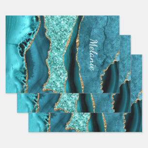 Teal Blue Gold Glitter Personalised Your Name Wrapping Paper Sheet