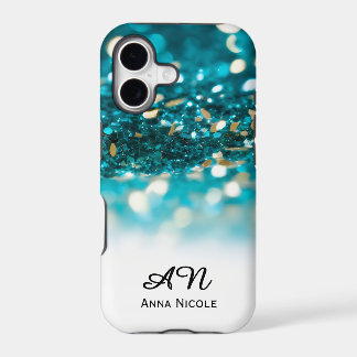 Teal Blue Gold Glitter - Personalized name