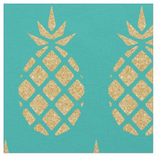 Teal Blue Gold Glitter Pineapple Tropical Summer Fabric