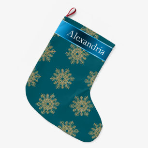 Teal Blue Gold Glitter Snowflakes Christmas Name Large Christmas Stocking