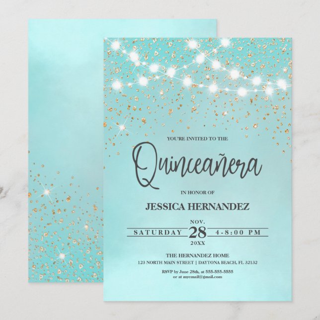 Teal Blue Gold Glitter Sparkles Lights Quinceañera Invitation (Front/Back)