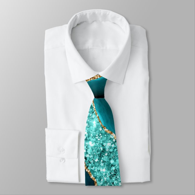 Teal Blue Gold Glitter Sparkly Turquoise Neck Tie (Tied)