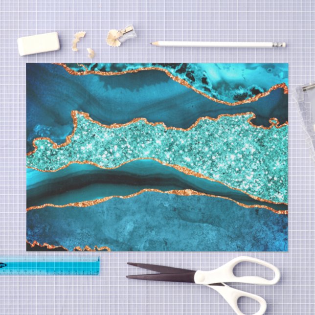 Teal Blue Gold Glitter Tissue Paper (Craft)