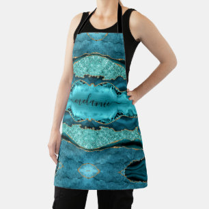 Teal Blue Gold Glitter Turquoise Custom Name Apron