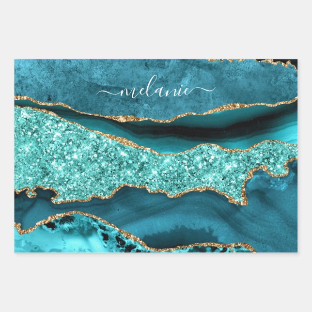 Teal Blue Gold Glitter Turquoise Custom Name Wrapping Paper Sheet (Front 2)