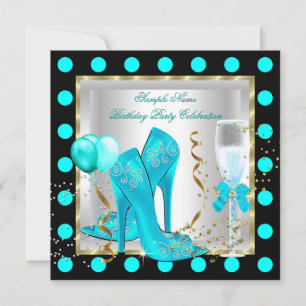 Teal Blue Gold Glitter White Spot Birthday Party Invitation